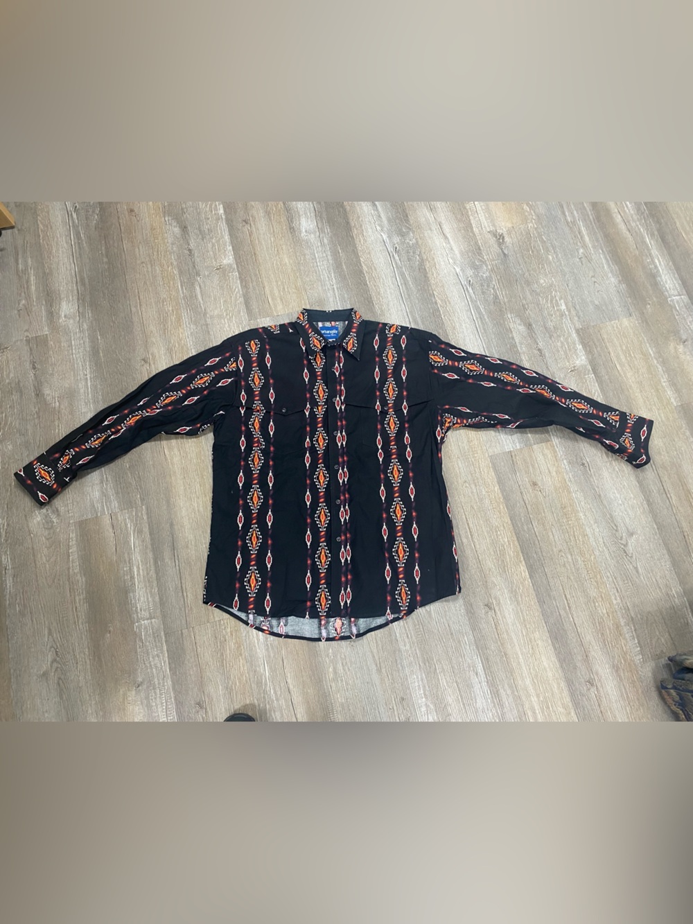 90's Wrangler Western Shirt Mens XL Pearl Snap Black Aztec Southwestern